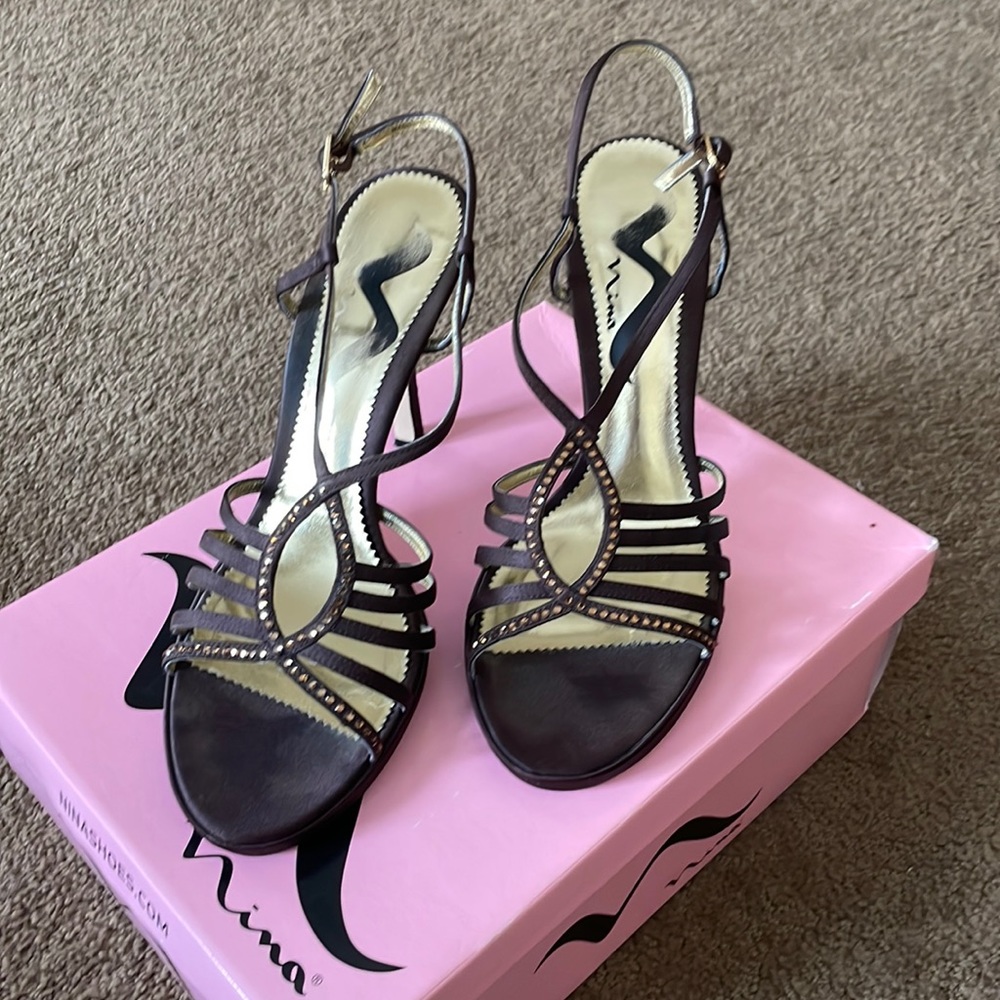 Nina Brown Strappy Heel Sandals, Size 8.5
